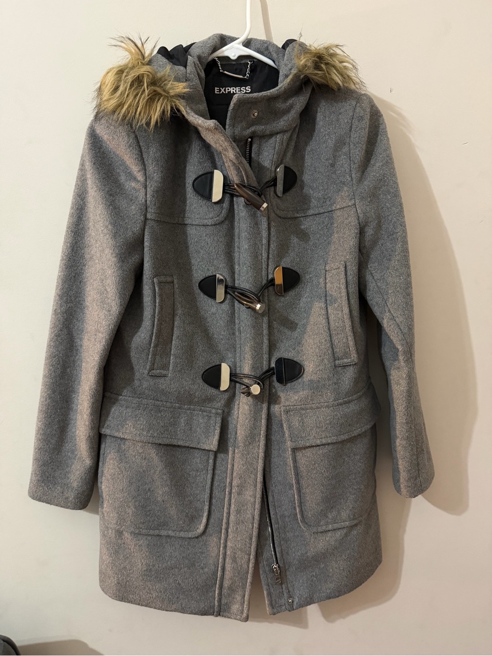 Express Gray Wool-Blend Toggle Pea Coat with Faux Fur Hood